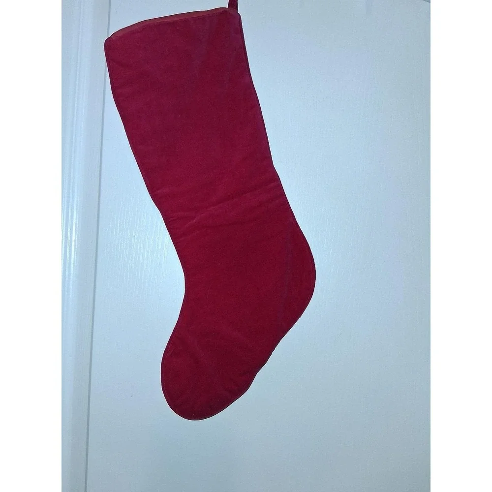 Vintage Needlepoint Santa Christmas Stocking Large Red Velvet HO HO HO Holiday